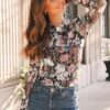 Dealmore Lace Long Sleeve Floral Mesh Mockneck Going Out Tops for Women Fashion Fall Outfits 2025