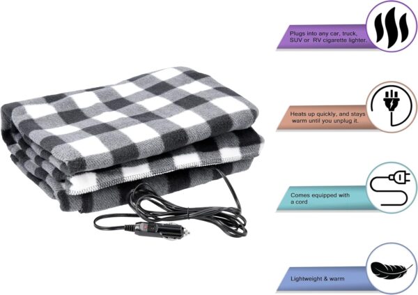 Heated Car Blanket - 12-Volt Electric Blanket for Car, Truck, SUV, or RV - Portable Heated Throw - Camping Essentials by Stalwart (Black Plaid)
