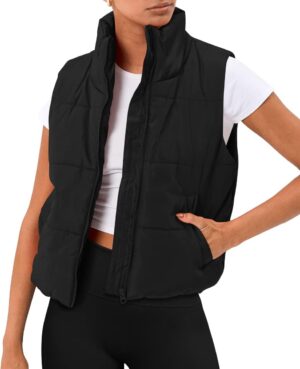 AUTOMET Puffer Vest Women Sleeveless Winter Cropped Outerwear Warm Puffer Lightweight Stand-up Collar Down with Pockets