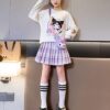 Ku-romi Girls 3 Piece Outfits Cartoon Crewneck Long Sleeve Pullover Sweatshirt + Plaid Pleated Mini Skirt + Bag Sets