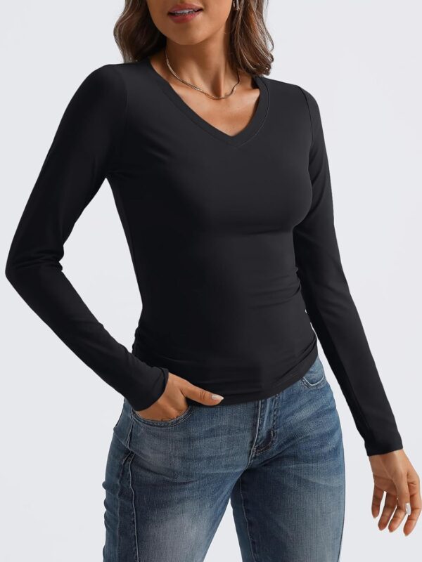 Trendy Queen Long Sleeve Shirts for Women 2024 Fall Fashion V Neck Basics Crop Tops Layering Slim Fitted Y2K Tops