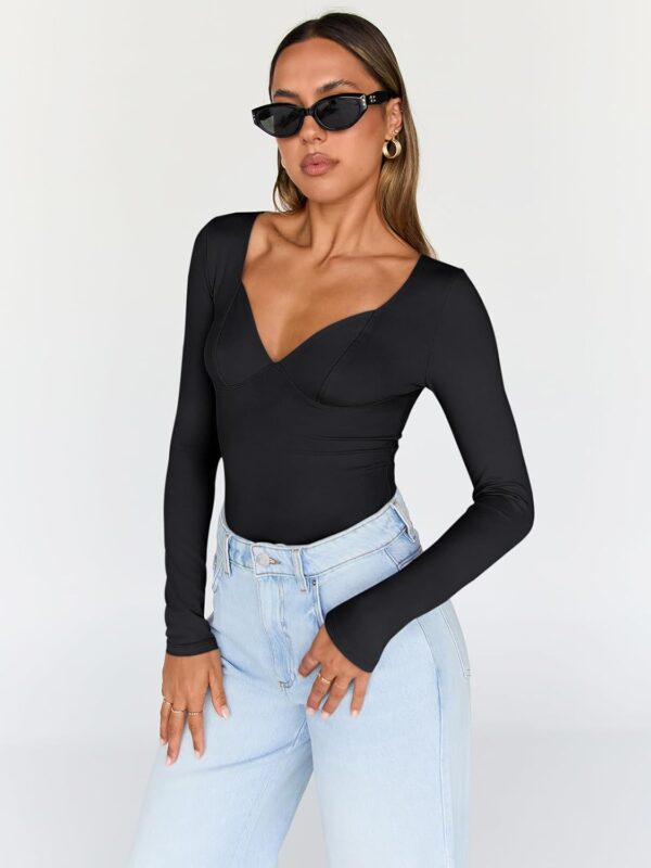 Trendy Queen Womens Tops Trendy Fashion Clothes Going Out Long Sleeve Shirts V Neck Basic Y2K Cute Shirt Slim Fitted Corset