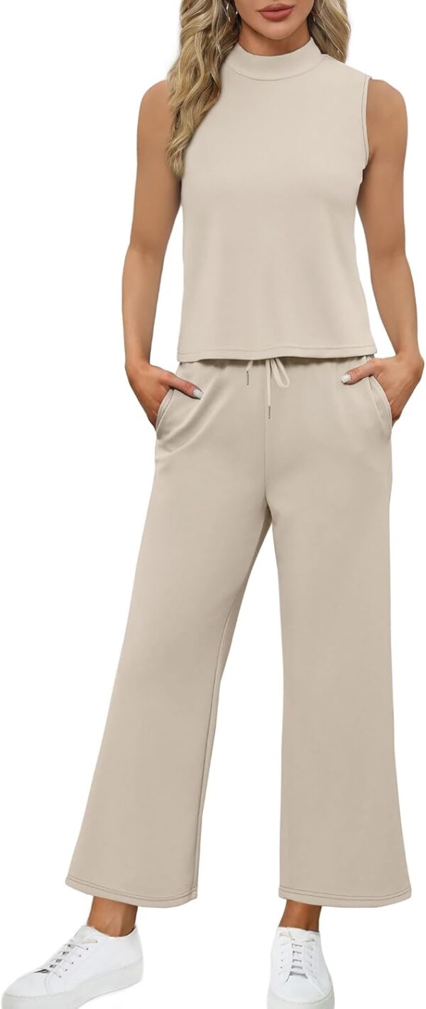 SAMPEEL Two Piece Sets for Women Summer Outfits Lounge Sets Mock Neck Tops Wide Leg Crop Pants Vacation Travel Outfits