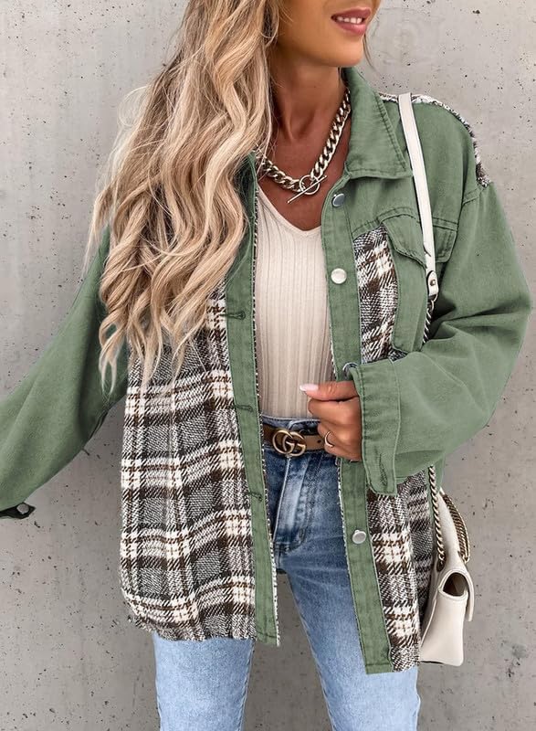 SHEWIN Women's Oversized Denim Jacket Casual Long Sleeve Button Down Plaid Shacket Boyfriend Jean Jacket With Pockets