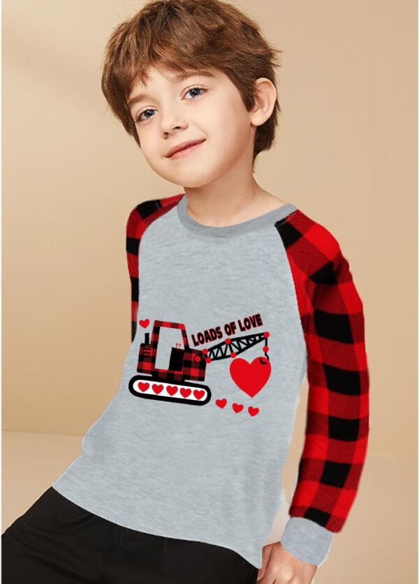 CM-Kid Toddler Boys Valentine Day Shirt Monster Truck Dino Train Heart Tshirt Red Plaid Long Sleeve Tops for Kids 2-7 Years