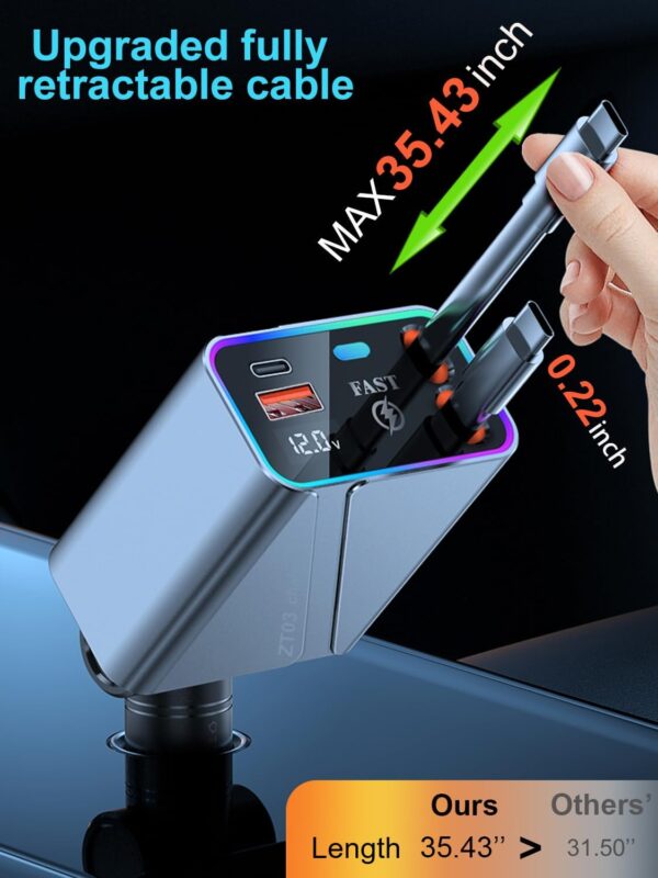 4 in 1 Retractable Car Charger [144W USB C Car Charger Adapter] Fast Car Phone Charger 48W with 34inch Cords, Gift for Men Women, Fast Car Charger for iPhone 16 Pro/16/15 Pro,Samsung Galaxy, Android