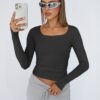 Trendy Queen Womens Long Sleeve Shirts Crop Tops Square Neck Going Out Basics Tees Y2K Winter Clothes 2025