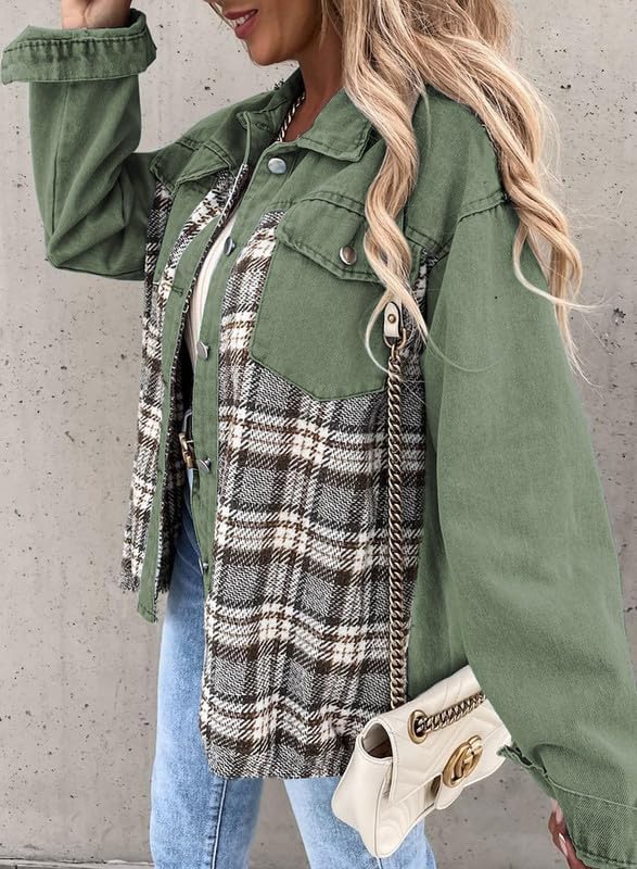 SHEWIN Women's Oversized Denim Jacket Casual Long Sleeve Button Down Plaid Shacket Boyfriend Jean Jacket With Pockets