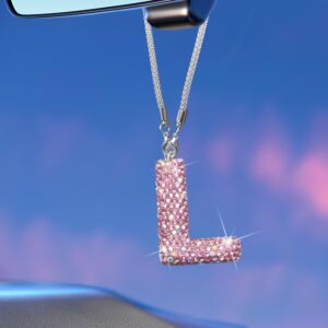 Bling Pink Car Accessories for Women Letter Charm, Rainbow Color Rear View Mirror Cute Crystal Pendant Car Decorations, Lucky Gifts Girly Diamond Rhinestone Charm Interior L