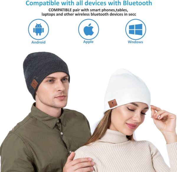 beanie MUSICBEE Bluetooth V5.2 Wireless Knit Winter Cap, 24 Hour Play time, Built-in Microphone and HD Stereo Speakers, Wool Lined for Outdoor Homes and Gifts - Neutral (Charcoal)