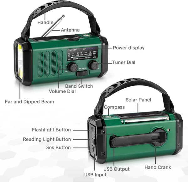 10000mAh Crank Radio, Emergency Radio, Solar Radio, NOAA/AM/FM Weather Radio, USB Type-C Charging, Dynamo Radio, Polymer Battery, Torch & LED Reading Light, SOS Alarm, Compass for Camping