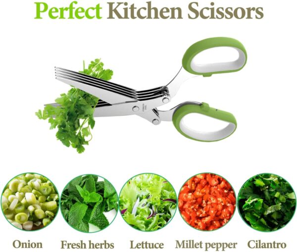 Herb Scissors, Kitchen Herb Shears Cutter with 5 Blades and Cover, Sharp Dishwasher Safe Kitchen Gadget – Green