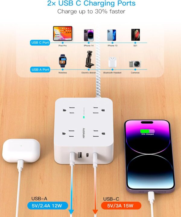 Surge Protector Power Strip - 8 Outlets with 4 USB (2 USB C) Charging Ports, Multi Plug Outlet Extender, 5Ft Braided Extension Cord, Flat Plug Wall Mount Desk USB Charging Station for Home Office ETL