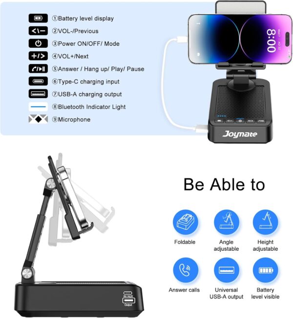 Gifts for Men Women, Bluetooth Speaker Phone Stand with Charging Function 360° Rotable Adjustable Cell Phone Holder HD Surround Sound for Desk Fits All Phones,Tablet (Black)