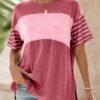 Dokotoo Short Sleeve Summer Tops Oversized 2025 Trendy Crew Neck Casual Color Block Womens Shirts Blouses