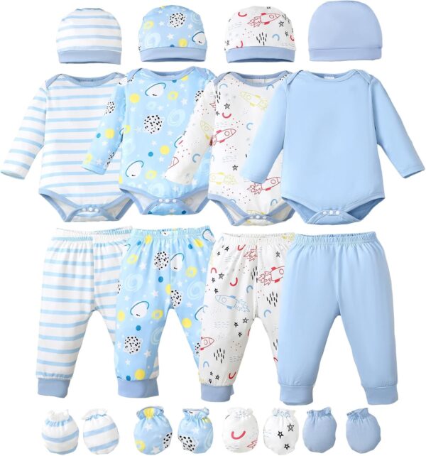 NZRVAWS Newborn Baby Boy Clothes Infant Romper Pants Set Hat 4-Pack Outfits 0-12 Months 16 Pieces Gift Toddler Girl Unisex
