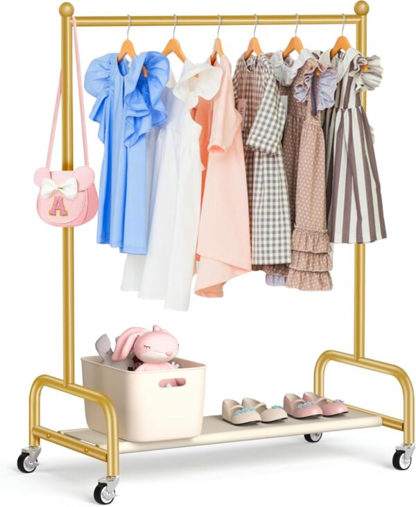 SLEEPING LAMB Kids Dress Up Rack with Wheels, Metal Small Kids Clothing Rack for Hanging Clothes with Bottom Shelf, Baby Dress Up Storage Wardrobe for Little Girls,Toddler, Gold