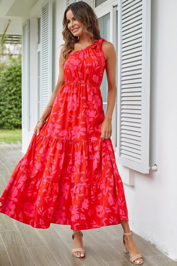 PRETTYGARDEN Women's Summer Floral Maxi Dress Knot One Shoulder Sleeveless Ruffle Flowy Boho Beach Wedding Guest Dresses