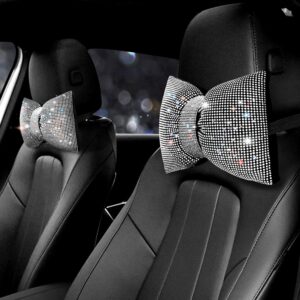 surpassme 2PCS Rhinestone Car Headrest Neck Pillow for Driving with Bling Bling Crystal Bow Pillow Car Accessories for Women (Silver/White)