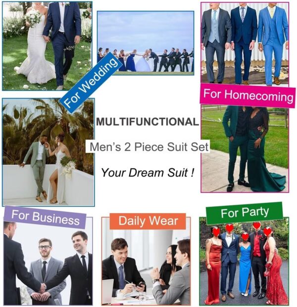 Mens Slim Fit 2 Piece Suit Two Button Notched Lapel Solid Suit Jacket Pants Set Tuxedo for Prom