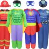 Boys Muscle Chest Dress up Costumes Trunk with Superhero, Policeman, Fireman Costume, Kids Pretend Role Play Costumes Set, Boys Dress up Clothes for Kids Ages 3 4 5 6 7
