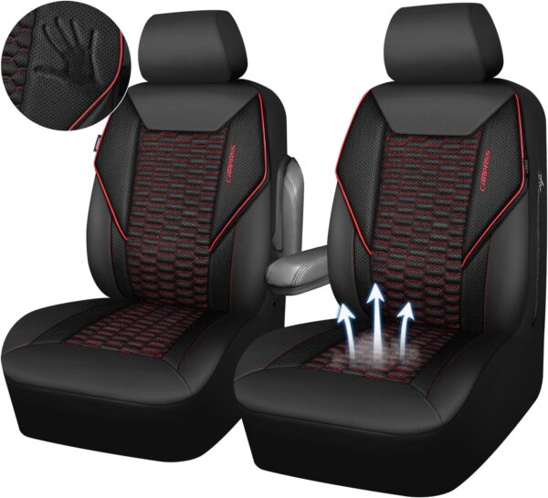 CAR PASS 3D Foam Mesh Leather Car Seat Covers Front Seats, Air Cool Mesh Front Seat Covers for Car, Universal Fit for SUV Truck Sedan Automotive, Armrest Airbag Compatible,Black and Red