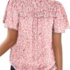 SHEWIN Women's Casual V Neck Floral Print Smocked Short Sleeve Chiffon Blouses Bohemian Top Shirts