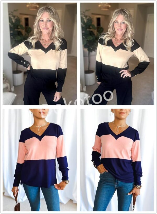 Dokotoo Womens Tops 2024 Spring Color Block Long Sleeve Shirts V Neck Dressy Casual Blouses