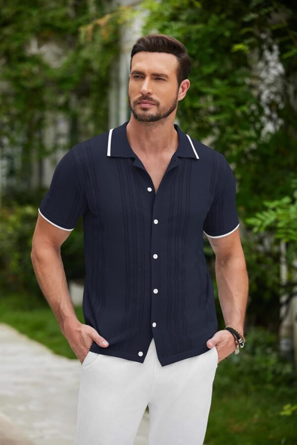 COOFANDY Men's Knit Button Down Shirt Vintage Short Sleeve Polo Shirts Casual Beach Tops