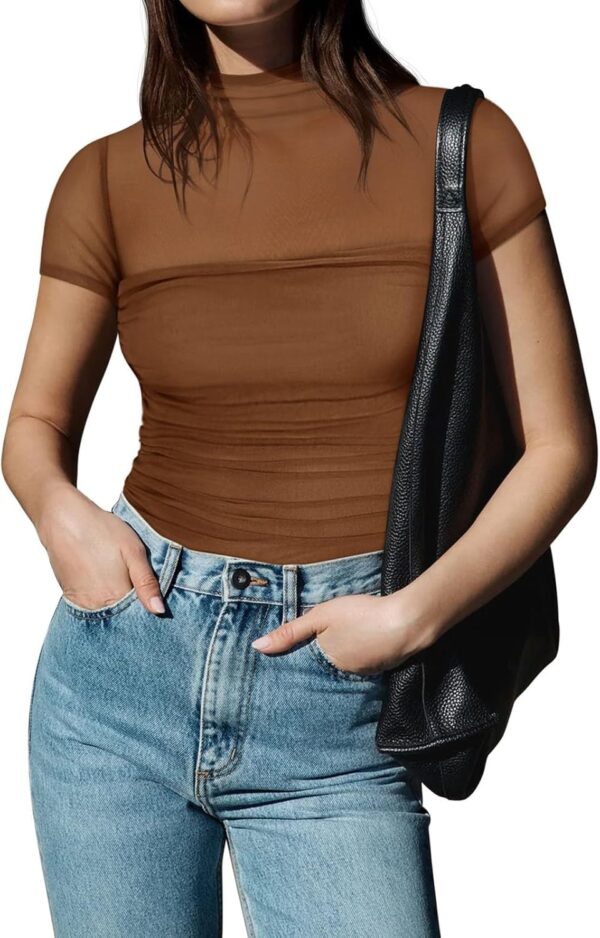 REORIA Women's Sexy Mock Turtle Neck Short Sleeve Shirts Sheer Mesh Ruched Trendy Going Out Bodysuits Tops