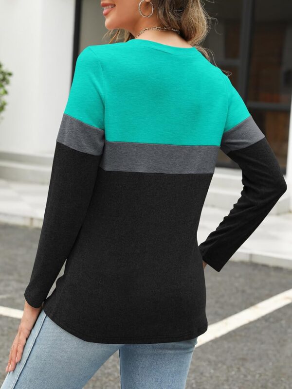 Women's Long Sleeve Shirts Zipper Color Block V Neck Tunic Tops Casual Blouse