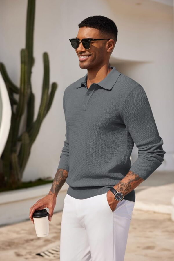 COOFANDY Mens Knit Polo Shirts Long Sleeve Casual Polo Sweaters Shirt Waffle Textured Collared Sweater