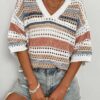 Acelitt Womens Short Sleeve Crochet Knit Sweater Hollow Out Striped Tops Beach Vacation Cruise Outfits