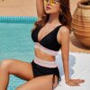 Blooming Jelly Women High Waisted Bikini Sets Tummy Control Swimsuits Color Block Two Piece Drawstring Bathing Suit