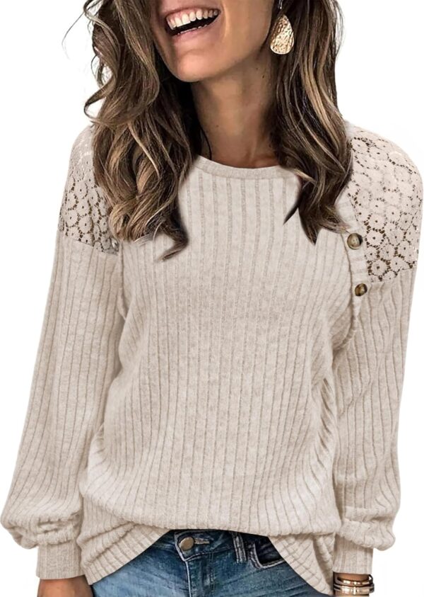 Acelitt Womens Fall Long Sleeve Tunic Tops Casual Crew Neck Dressy Shirt Lace Patchwork Blouses Pullover Sweaters