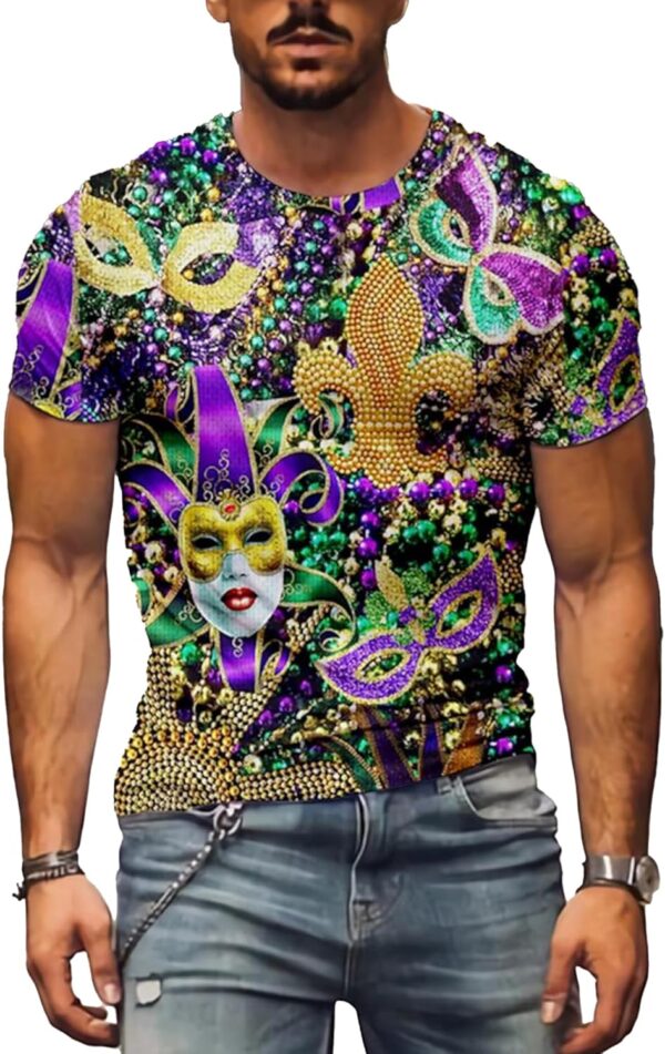Mardi Gras Shirt for Men Glitter Mask Graphic Festival T Shirt Tuesday Carnival New Orleans Party Tee Tops