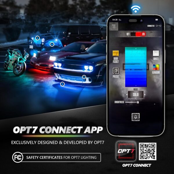 OPT7 Aura Pro Underglow Lights Kit for Car with APP Control, 4 PCS Waterproof Rigid Aluminum Neon Accent LED Light Bar Strip, Music Soundsync Multicolor Modes