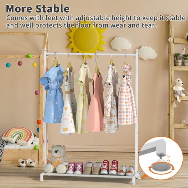 Kids Clothing Rack with Bottom Storage Shelf, Metal Clothes Rack for Kids Dress Up Storage, Freestanding Dance Costume Garment Rack for Hanging Clothes, White
