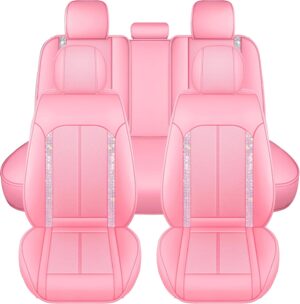 Pink Bling Car Seat Covers Full Set | Cute Girly Faux Leather Seat Covers for Women | Universal Fit for Most Cars