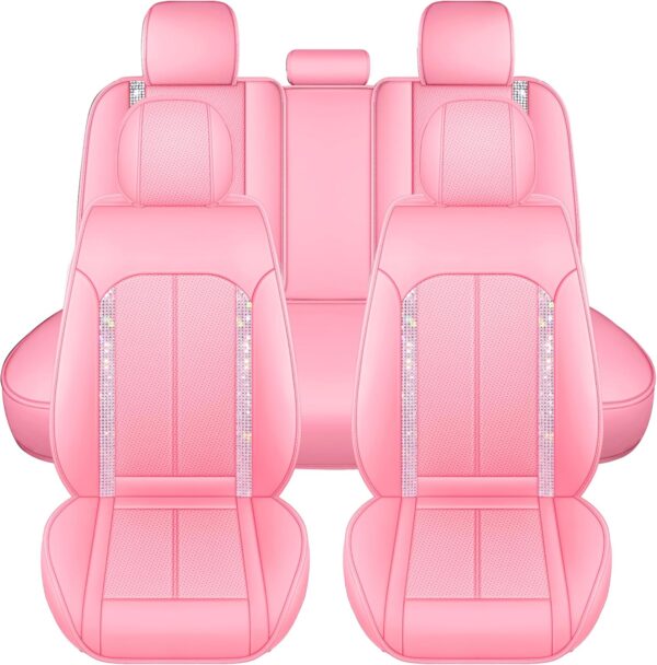 Pink Bling Car Seat Covers Full Set | Cute Girly Faux Leather Seat Covers for Women | Universal Fit for Most Cars