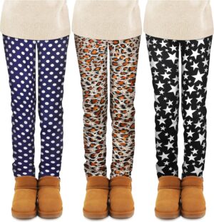 TODDOR 3 Pack Girls Printed Fleece Lined Leggings Thick Thermal Tights Warm Ankle Length Pants Winter Clothes for Kids