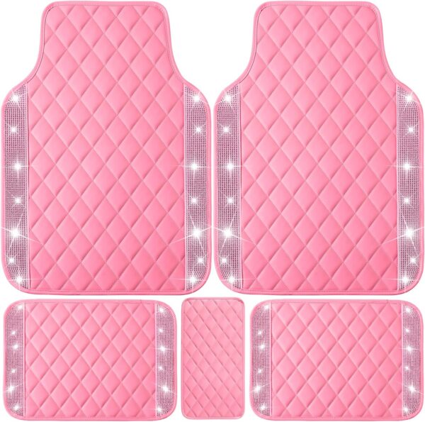 NBTEPEM Pink Bling Leather Car Floor Mats Full Set, Sparkly Diamond Car Mats Universal Fit Most Automotive, Glitter Rhinestone Carpet Waterproof Anti-Slip, 5 pcs Set (Pink Leather Diamond)