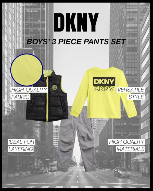 DKNY Baby Boys' Pants Set - 3 Piece Insulated Puffer Vest, Long Sleeve Shirts and Pants for Boys (Infant Sizes: 12M-4T)