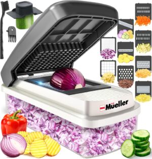 Mueller Vegetable Chopper 9 Blade, Mandoline Slicer, Food Veggie Chopper, Cheese Grater, Onion Vegetable Cutter with Container, Dicer, Kitchen Gadgets & Essentials, White Sand/Grey